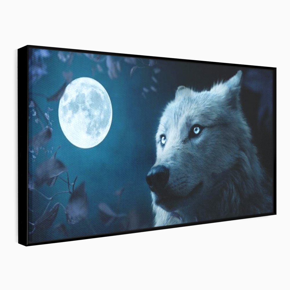 Leinwand Wandkunst Canvas Premium, LuxCanva® M1462, Unter dem Mond, Vollmond, Tier, Wolf, Wild, Natur, Nacht, Nacht, Stille, Rufen, Rufen, Blätter, Licht, Büro, Wohnen, Kinderzimmer