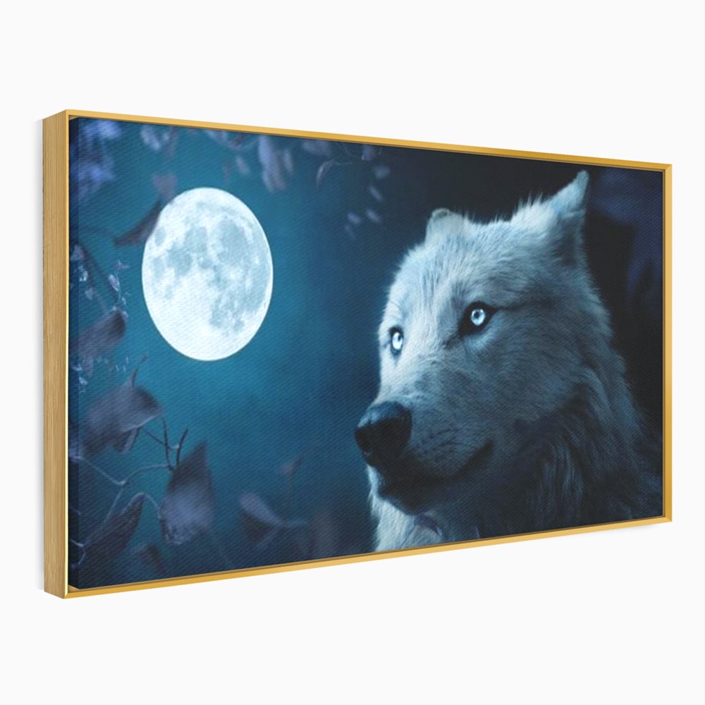 Leinwand Wandkunst Canvas Premium, LuxCanva® M1462, Unter dem Mond, Vollmond, Tier, Wolf, Wild, Natur, Nacht, Nacht, Stille, Rufen, Rufen, Blätter, Licht, Büro, Wohnen, Kinderzimmer