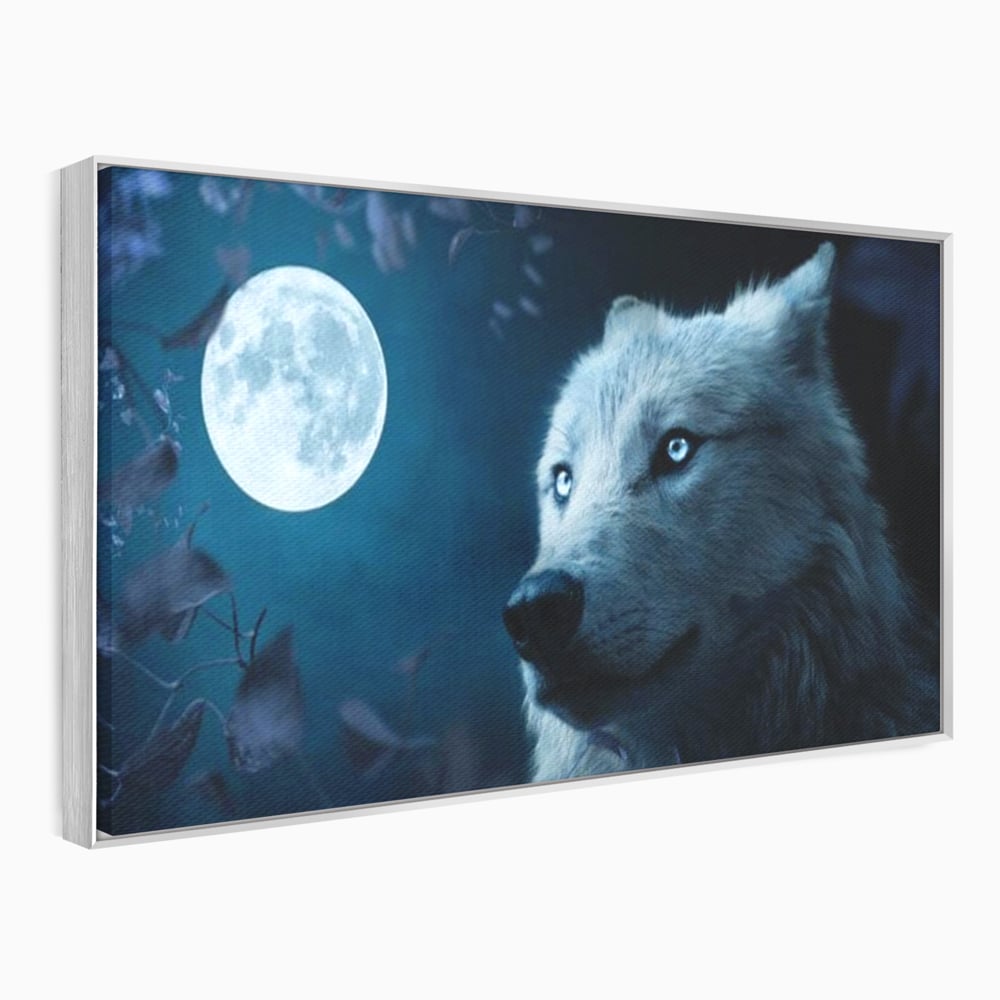 Leinwand Wandkunst Canvas Premium, LuxCanva® M1462, Unter dem Mond, Vollmond, Tier, Wolf, Wild, Natur, Nacht, Nacht, Stille, Rufen, Rufen, Blätter, Licht, Büro, Wohnen, Kinderzimmer