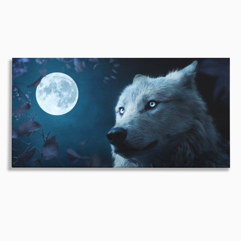 Leinwand Wandkunst Canvas Premium, LuxCanva® M1462, Unter dem Mond, Vollmond, Tier, Wolf, Wild, Natur, Nacht, Nacht, Stille, Rufen, Rufen, Blätter, Licht, Büro, Wohnen, Kinderzimmer