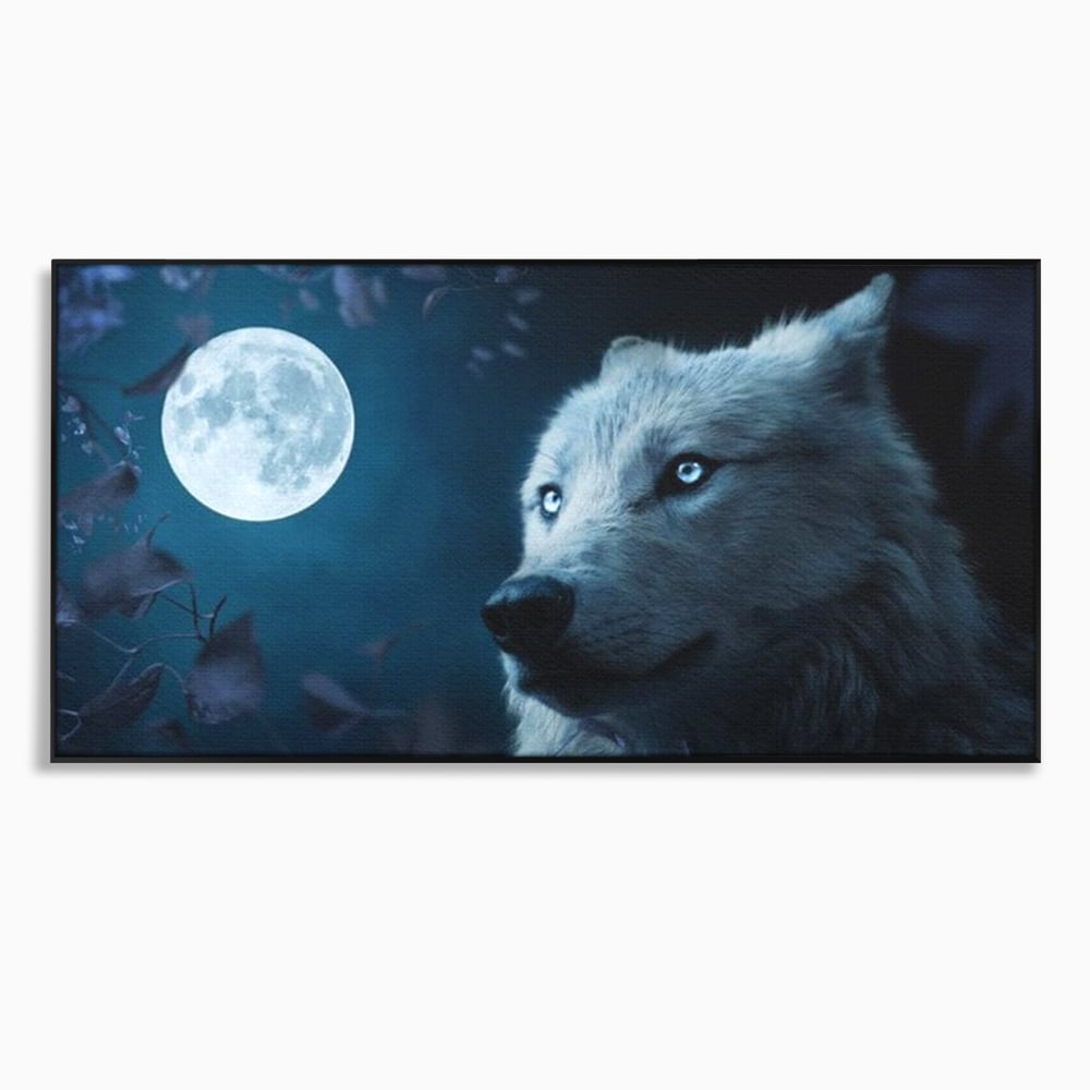 Leinwand Wandkunst Canvas Premium, LuxCanva® M1462, Unter dem Mond, Vollmond, Tier, Wolf, Wild, Natur, Nacht, Nacht, Stille, Rufen, Rufen, Blätter, Licht, Büro, Wohnen, Kinderzimmer