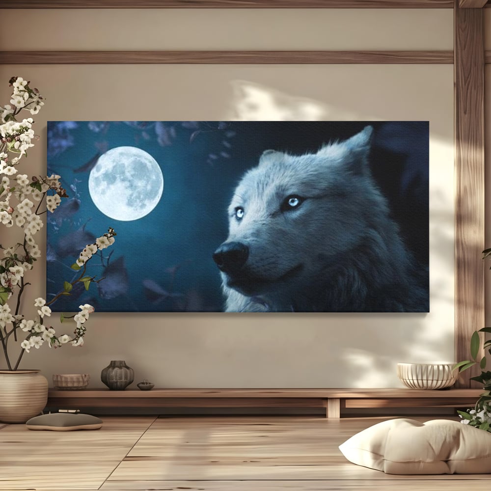 Leinwand Wandkunst Canvas Premium, LuxCanva® M1462, Unter dem Mond, Vollmond, Tier, Wolf, Wild, Natur, Nacht, Nacht, Stille, Rufen, Rufen, Blätter, Licht, Büro, Wohnen, Kinderzimmer