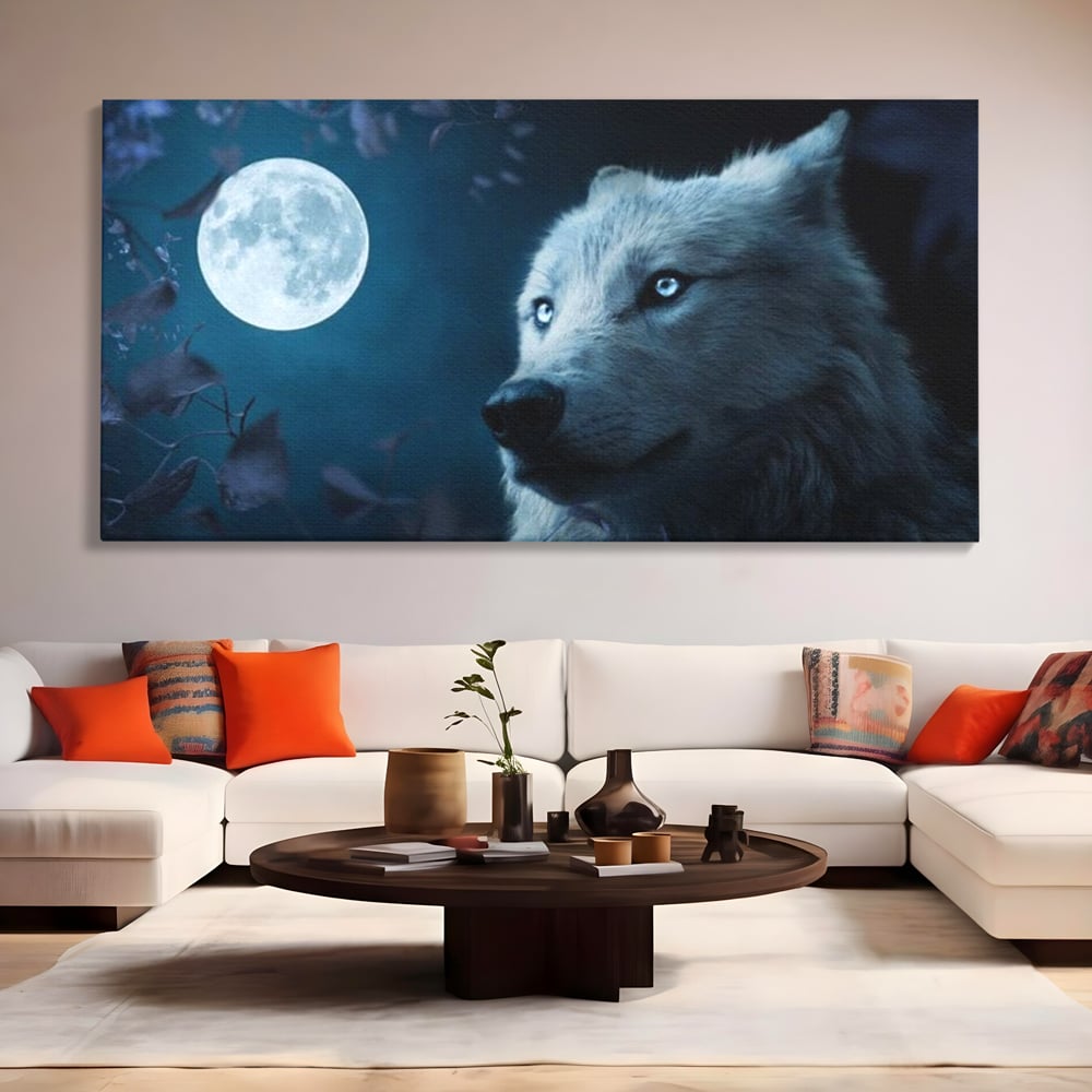 Leinwand Wandkunst Canvas Premium, LuxCanva® M1462, Unter dem Mond, Vollmond, Tier, Wolf, Wild, Natur, Nacht, Nacht, Stille, Rufen, Rufen, Blätter, Licht, Büro, Wohnen, Kinderzimmer