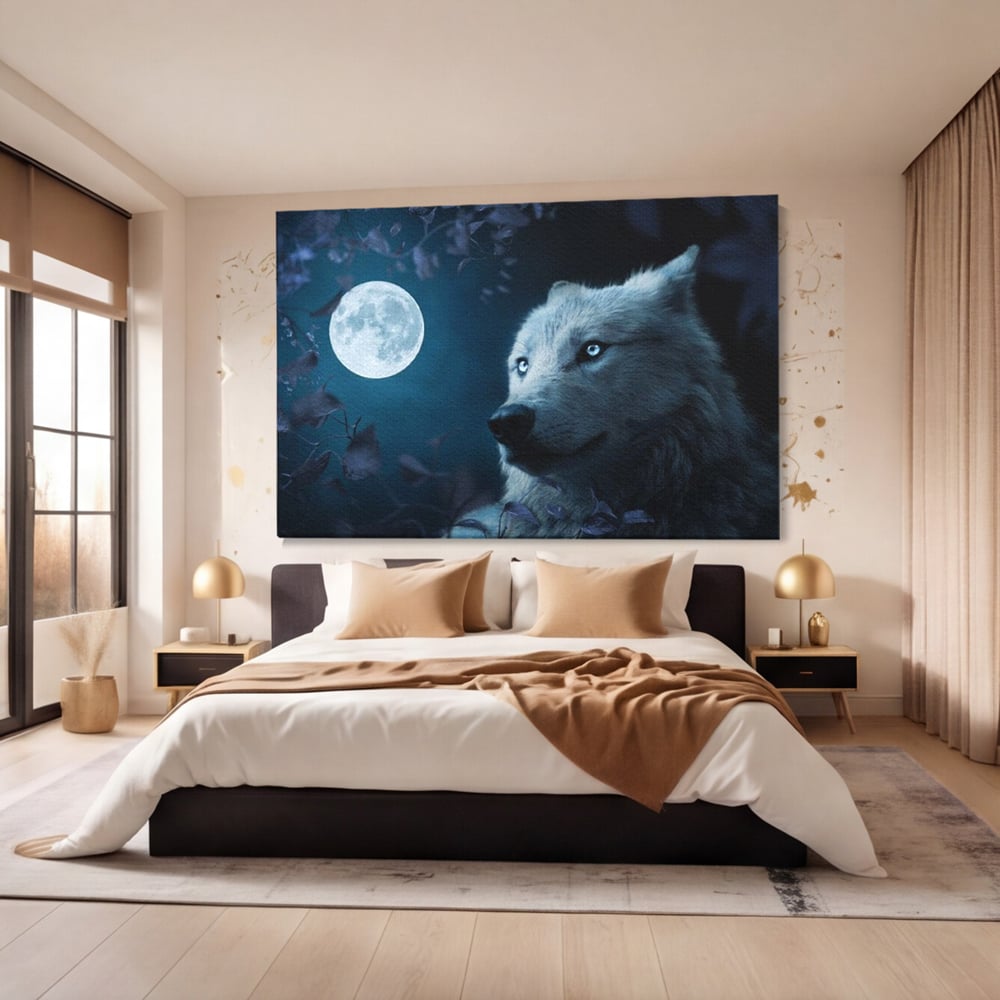 Leinwand Wandkunst Canvas Premium, LuxCanva® M1462, Unter dem Mond, Vollmond, Tier, Wolf, Wild, Natur, Nacht, Nacht, Stille, Rufen, Rufen, Blätter, Licht, Büro, Wohnen, Kinderzimmer