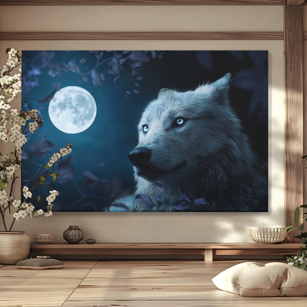 Leinwand Wandkunst Canvas Premium, LuxCanva® M1462, Unter dem Mond, Vollmond, Tier, Wolf, Wild, Natur, Nacht, Nacht, Stille, Rufen, Rufen, Blätter, Licht, Büro, Wohnen, Kinderzimmer