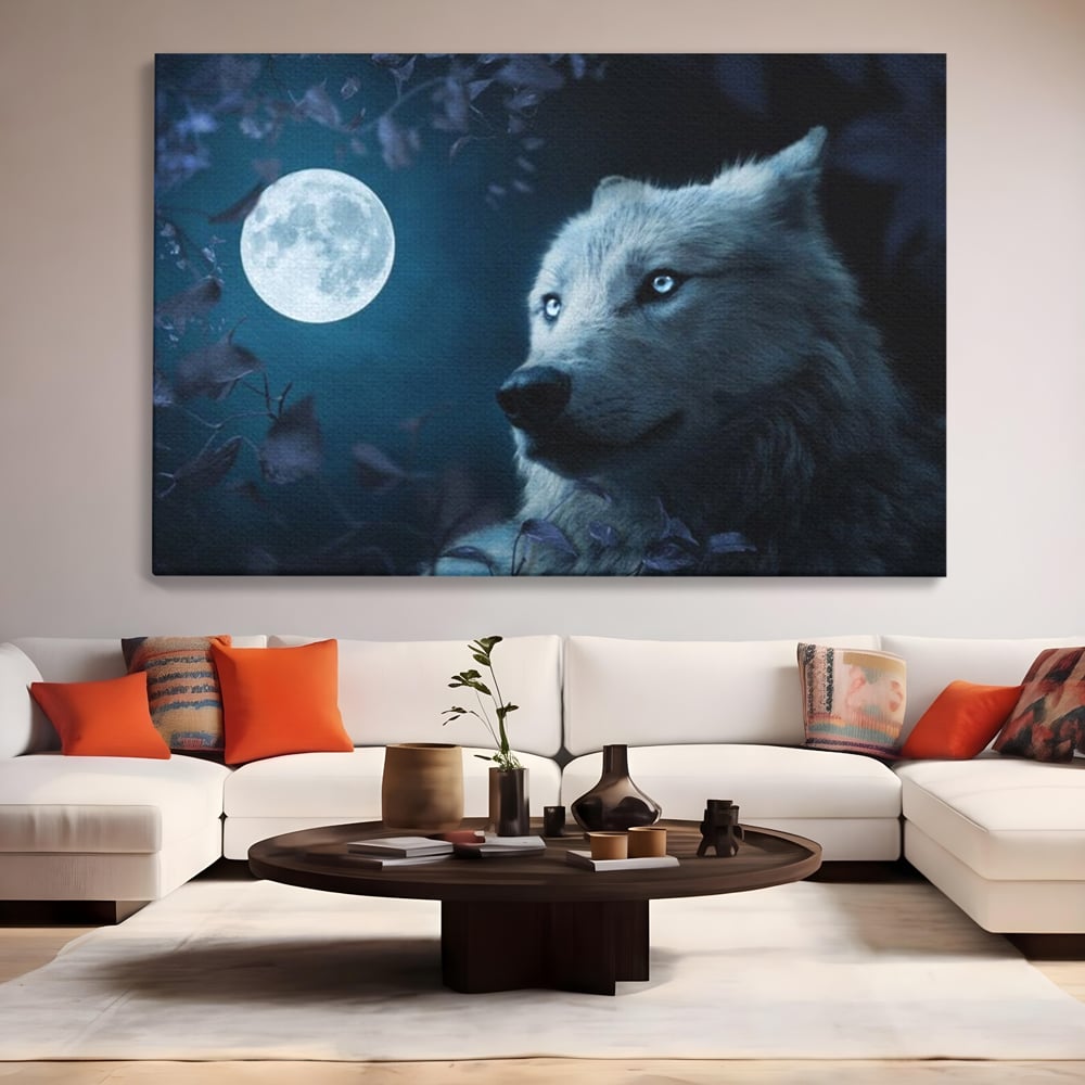 Leinwand Wandkunst Canvas Premium, LuxCanva® M1462, Unter dem Mond, Vollmond, Tier, Wolf, Wild, Natur, Nacht, Nacht, Stille, Rufen, Rufen, Blätter, Licht, Büro, Wohnen, Kinderzimmer