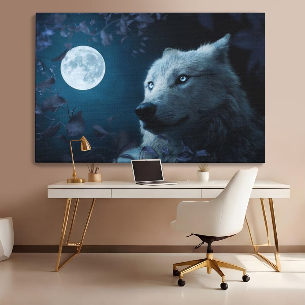 Leinwand Wandkunst Canvas Premium, LuxCanva® M1462, Unter dem Mond, Vollmond, Tier, Wolf, Wild, Natur, Nacht, Nacht, Stille, Rufen, Rufen, Blätter, Licht, Büro, Wohnen, Kinderzimmer