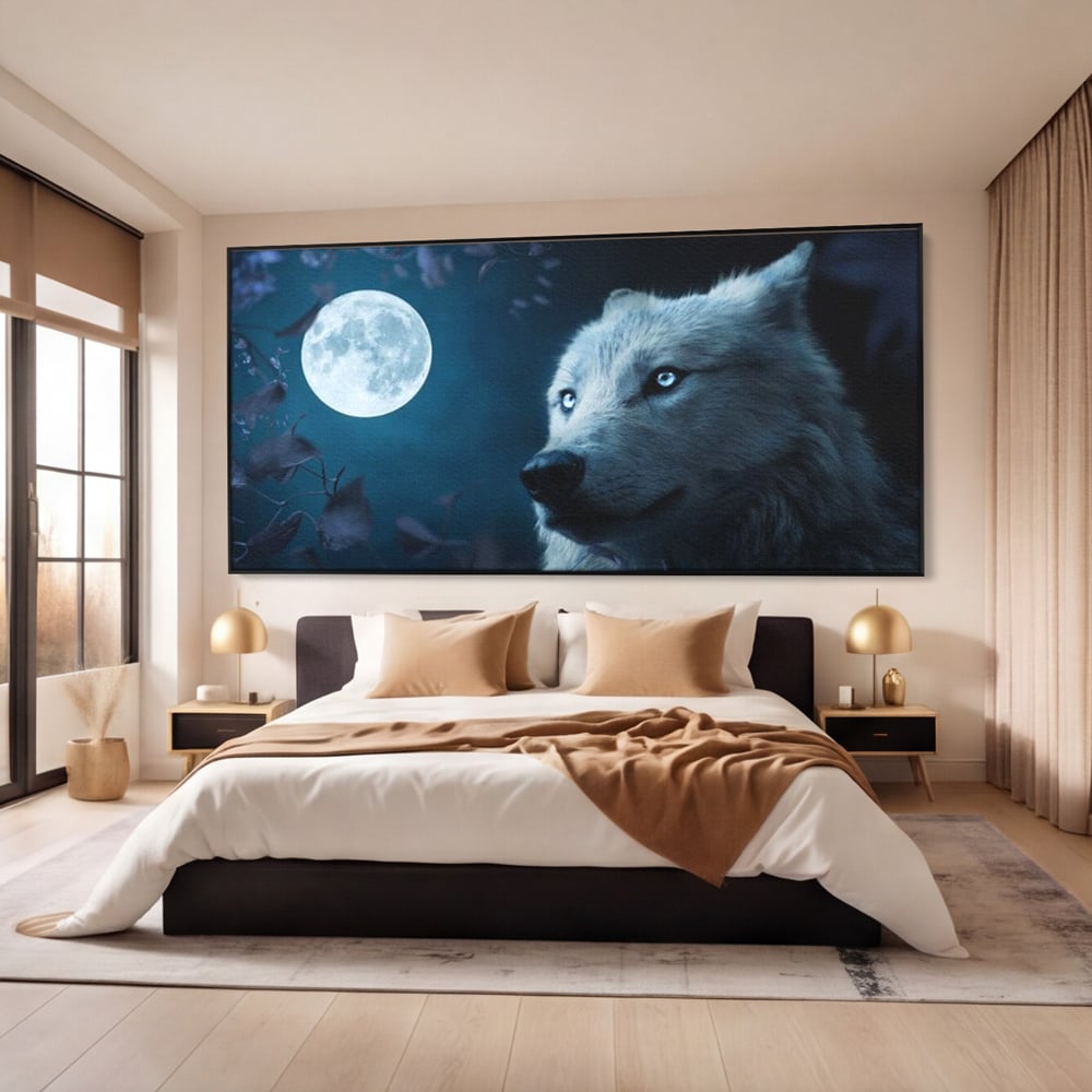 Leinwand Wandkunst Canvas Premium, LuxCanva® M1462, Unter dem Mond, Vollmond, Tier, Wolf, Wild, Natur, Nacht, Nacht, Stille, Rufen, Rufen, Blätter, Licht, Büro, Wohnen, Kinderzimmer