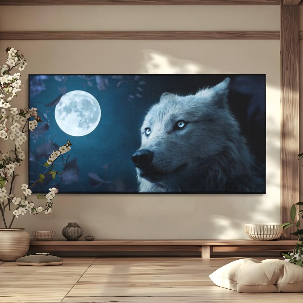 Leinwand Wandkunst Canvas Premium, LuxCanva® M1462, Unter dem Mond, Vollmond, Tier, Wolf, Wild, Natur, Nacht, Nacht, Stille, Rufen, Rufen, Blätter, Licht, Büro, Wohnen, Kinderzimmer