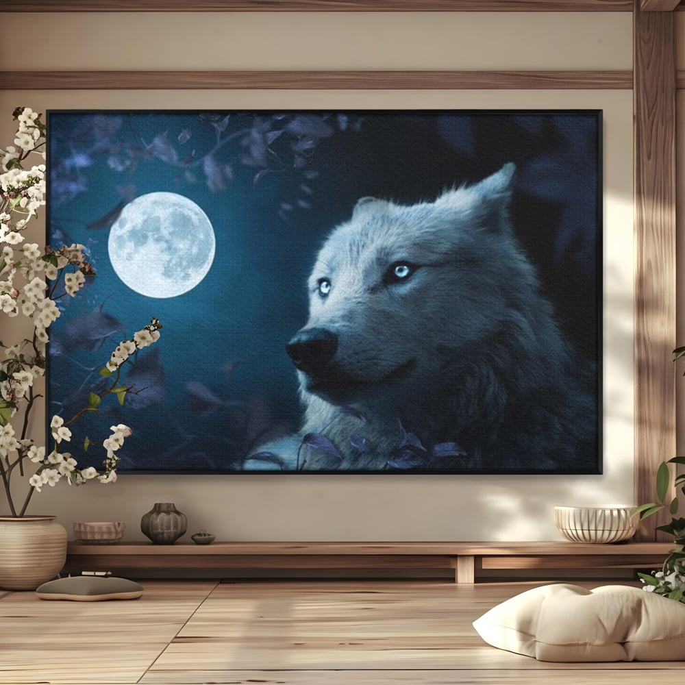Leinwand Wandkunst Canvas Premium, LuxCanva® M1462, Unter dem Mond, Vollmond, Tier, Wolf, Wild, Natur, Nacht, Nacht, Stille, Rufen, Rufen, Blätter, Licht, Büro, Wohnen, Kinderzimmer