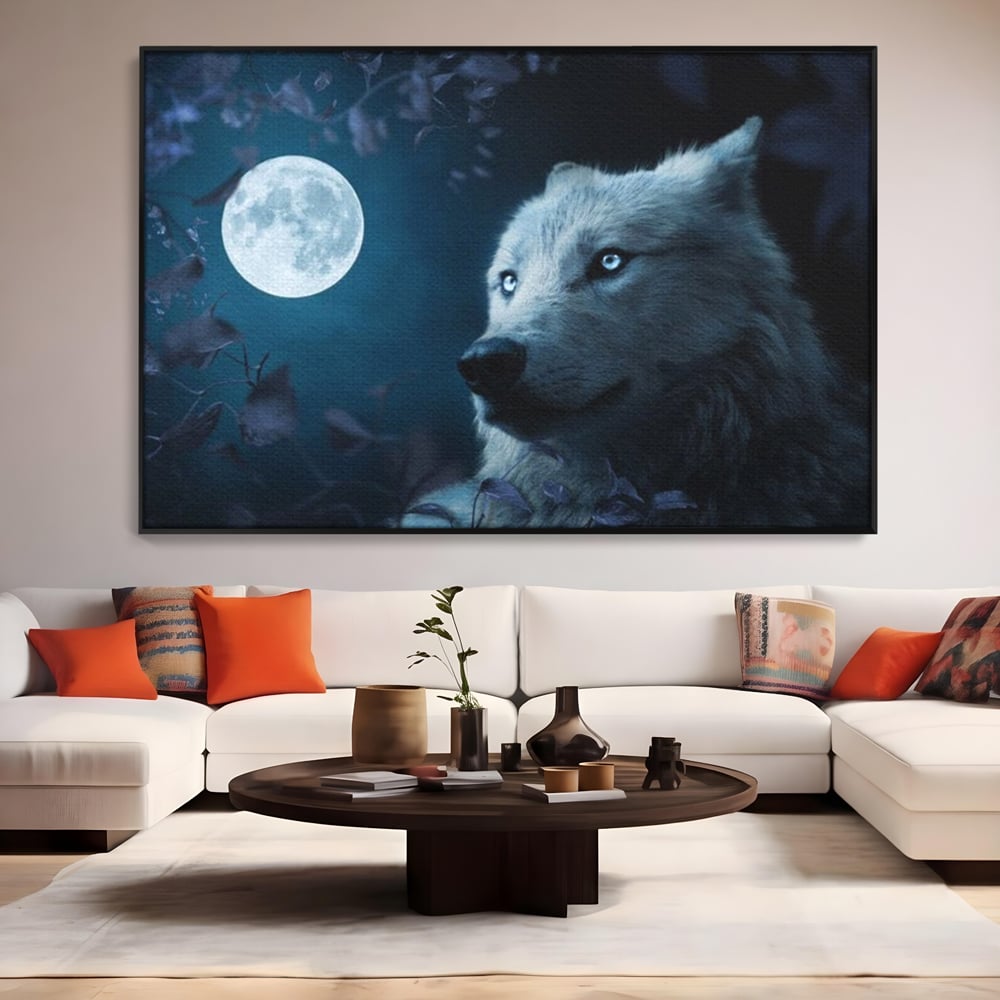 Leinwand Wandkunst Canvas Premium, LuxCanva® M1462, Unter dem Mond, Vollmond, Tier, Wolf, Wild, Natur, Nacht, Nacht, Stille, Rufen, Rufen, Blätter, Licht, Büro, Wohnen, Kinderzimmer