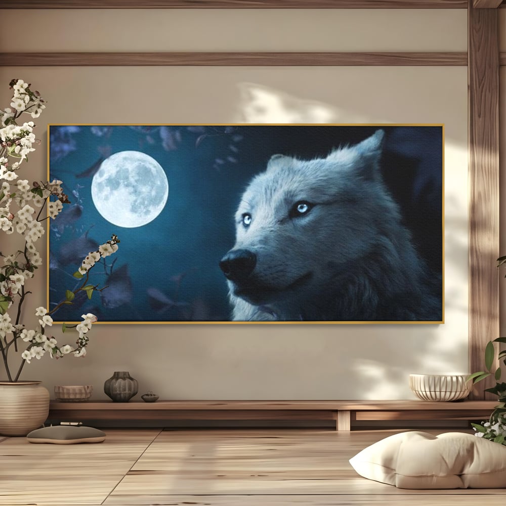 Leinwand Wandkunst Canvas Premium, LuxCanva® M1462, Unter dem Mond, Vollmond, Tier, Wolf, Wild, Natur, Nacht, Nacht, Stille, Rufen, Rufen, Blätter, Licht, Büro, Wohnen, Kinderzimmer