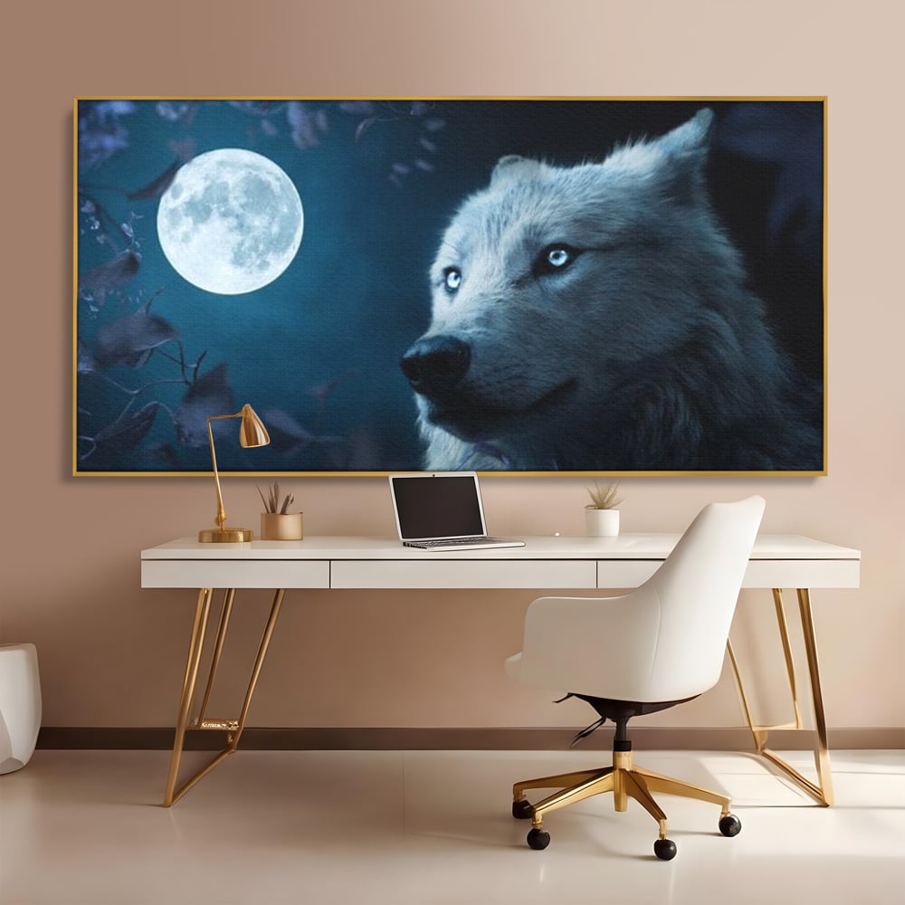 Leinwand Wandkunst Canvas Premium, LuxCanva® M1462, Unter dem Mond, Vollmond, Tier, Wolf, Wild, Natur, Nacht, Nacht, Stille, Rufen, Rufen, Blätter, Licht, Büro, Wohnen, Kinderzimmer