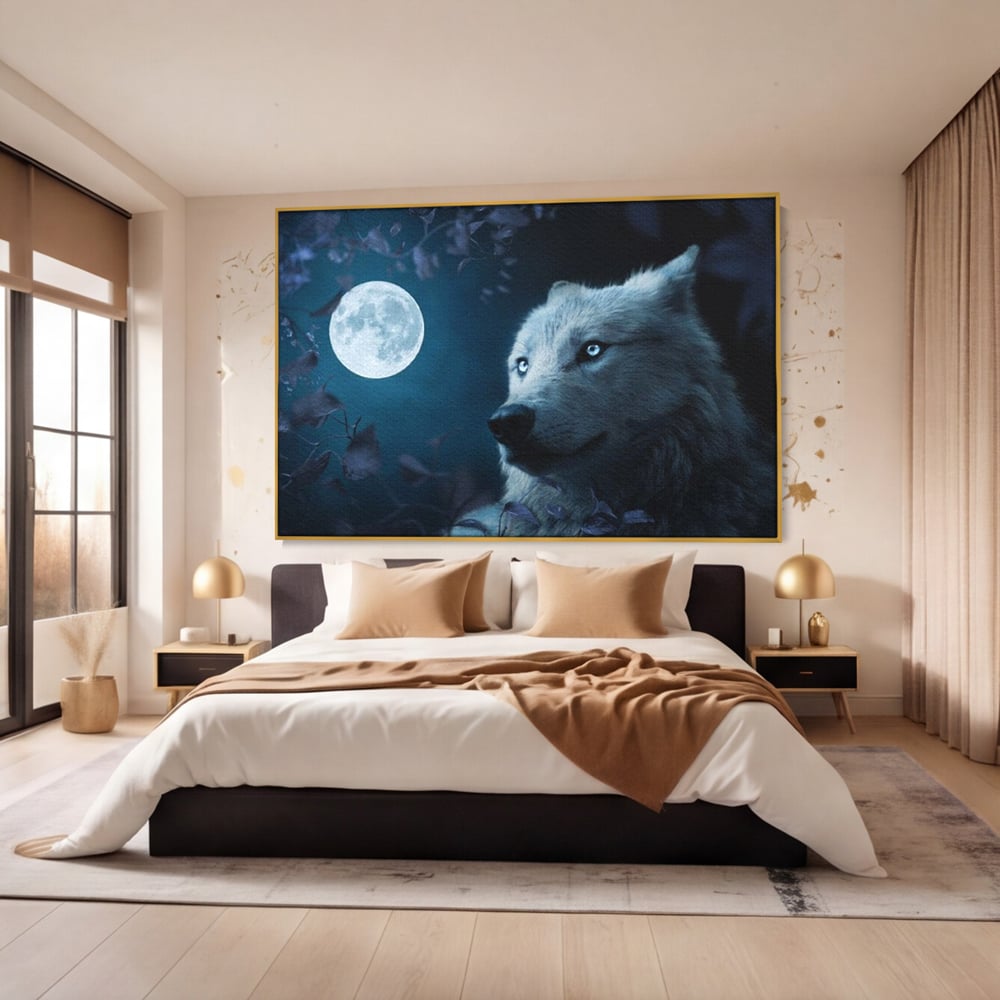 Leinwand Wandkunst Canvas Premium, LuxCanva® M1462, Unter dem Mond, Vollmond, Tier, Wolf, Wild, Natur, Nacht, Nacht, Stille, Rufen, Rufen, Blätter, Licht, Büro, Wohnen, Kinderzimmer