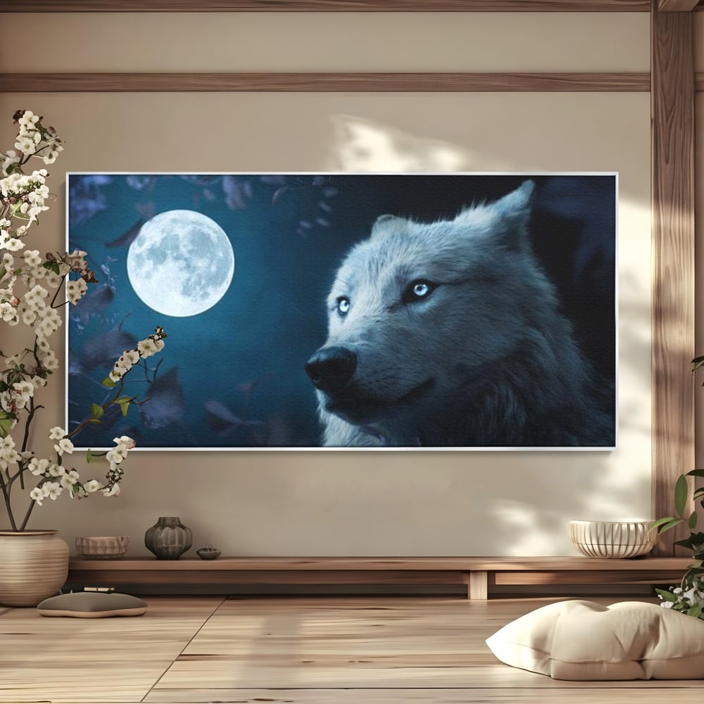 Leinwand Wandkunst Canvas Premium, LuxCanva® M1462, Unter dem Mond, Vollmond, Tier, Wolf, Wild, Natur, Nacht, Nacht, Stille, Rufen, Rufen, Blätter, Licht, Büro, Wohnen, Kinderzimmer