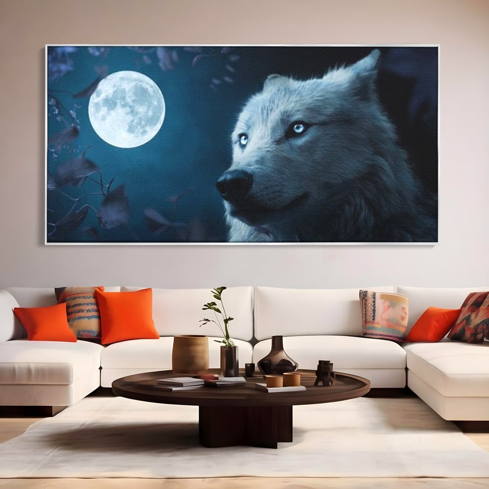 Leinwand Wandkunst Canvas Premium, LuxCanva® M1462, Unter dem Mond, Vollmond, Tier, Wolf, Wild, Natur, Nacht, Nacht, Stille, Rufen, Rufen, Blätter, Licht, Büro, Wohnen, Kinderzimmer