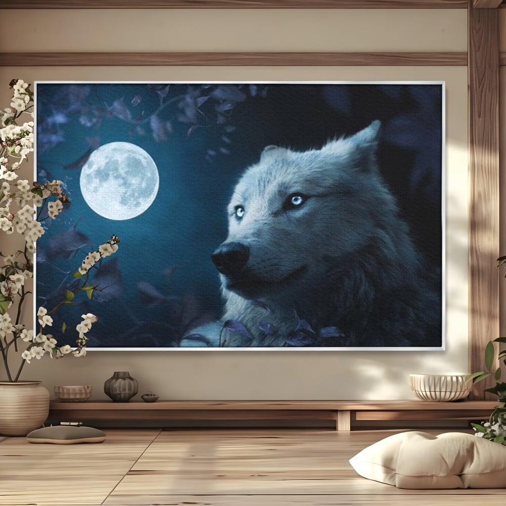 Leinwand Wandkunst Canvas Premium, LuxCanva® M1462, Unter dem Mond, Vollmond, Tier, Wolf, Wild, Natur, Nacht, Nacht, Stille, Rufen, Rufen, Blätter, Licht, Büro, Wohnen, Kinderzimmer