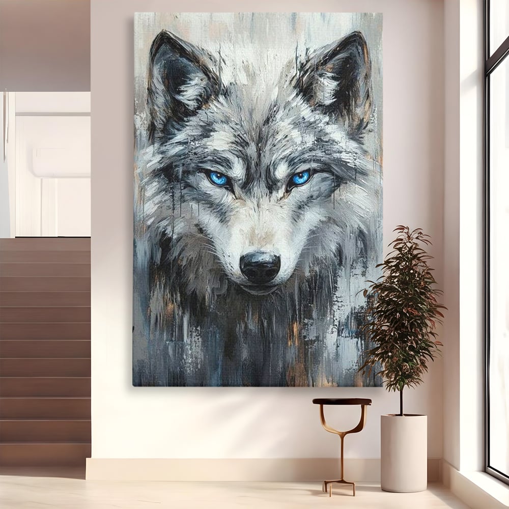 Leinwand Premium Canvas Wandkunst, LuxCanva® M1463, Crystal Shade, Gemälde, Blick, Blick, Patron, Portrait, Wolf, Alpha, Augen, Eis, Nord, Stark, Büro, Wohnen, Kinderzimmer
