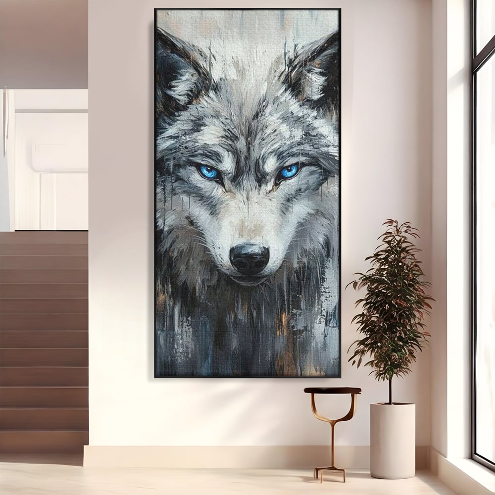 Leinwand Premium Canvas Wandkunst, LuxCanva® M1463, Crystal Shade, Gemälde, Blick, Blick, Patron, Portrait, Wolf, Alpha, Augen, Eis, Nord, Stark, Büro, Wohnen, Kinderzimmer