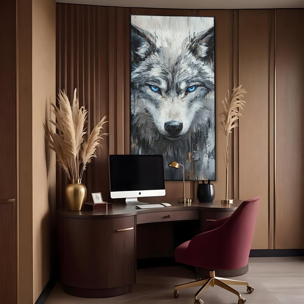 Leinwand Premium Canvas Wandkunst, LuxCanva® M1463, Crystal Shade, Gemälde, Blick, Blick, Patron, Portrait, Wolf, Alpha, Augen, Eis, Nord, Stark, Büro, Wohnen, Kinderzimmer