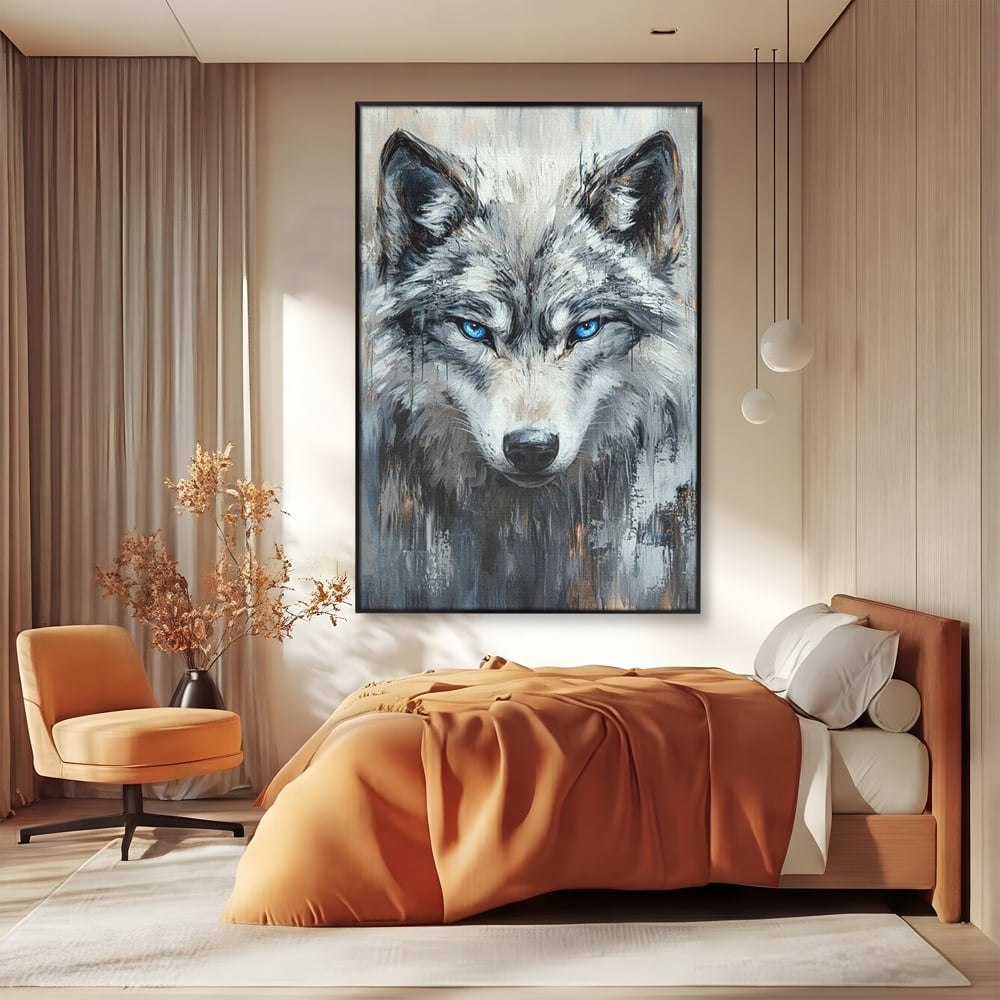 Leinwand Premium Canvas Wandkunst, LuxCanva® M1463, Crystal Shade, Gemälde, Blick, Blick, Patron, Portrait, Wolf, Alpha, Augen, Eis, Nord, Stark, Büro, Wohnen, Kinderzimmer