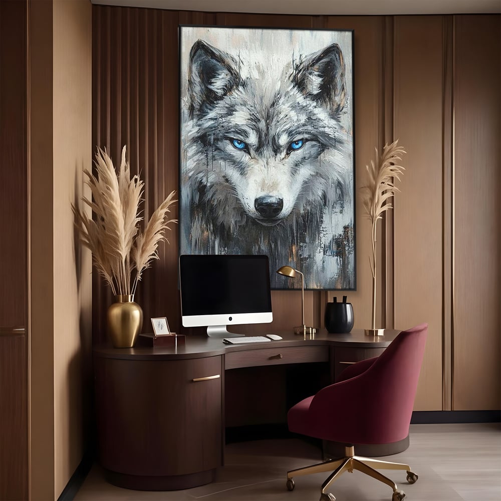Leinwand Premium Canvas Wandkunst, LuxCanva® M1463, Crystal Shade, Gemälde, Blick, Blick, Patron, Portrait, Wolf, Alpha, Augen, Eis, Nord, Stark, Büro, Wohnen, Kinderzimmer