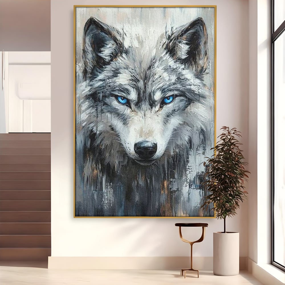 Leinwand Premium Canvas Wandkunst, LuxCanva® M1463, Crystal Shade, Gemälde, Blick, Blick, Patron, Portrait, Wolf, Alpha, Augen, Eis, Nord, Stark, Büro, Wohnen, Kinderzimmer
