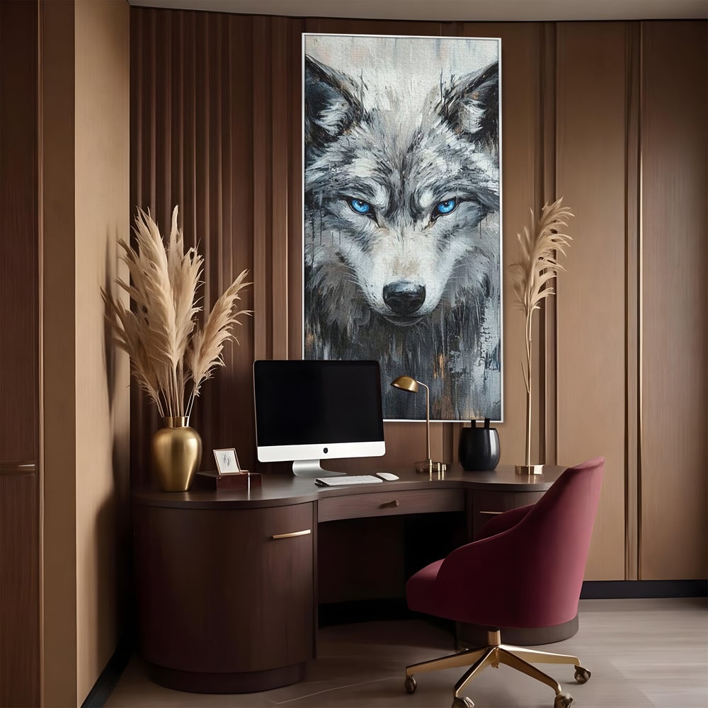 Leinwand Premium Canvas Wandkunst, LuxCanva® M1463, Crystal Shade, Gemälde, Blick, Blick, Patron, Portrait, Wolf, Alpha, Augen, Eis, Nord, Stark, Büro, Wohnen, Kinderzimmer