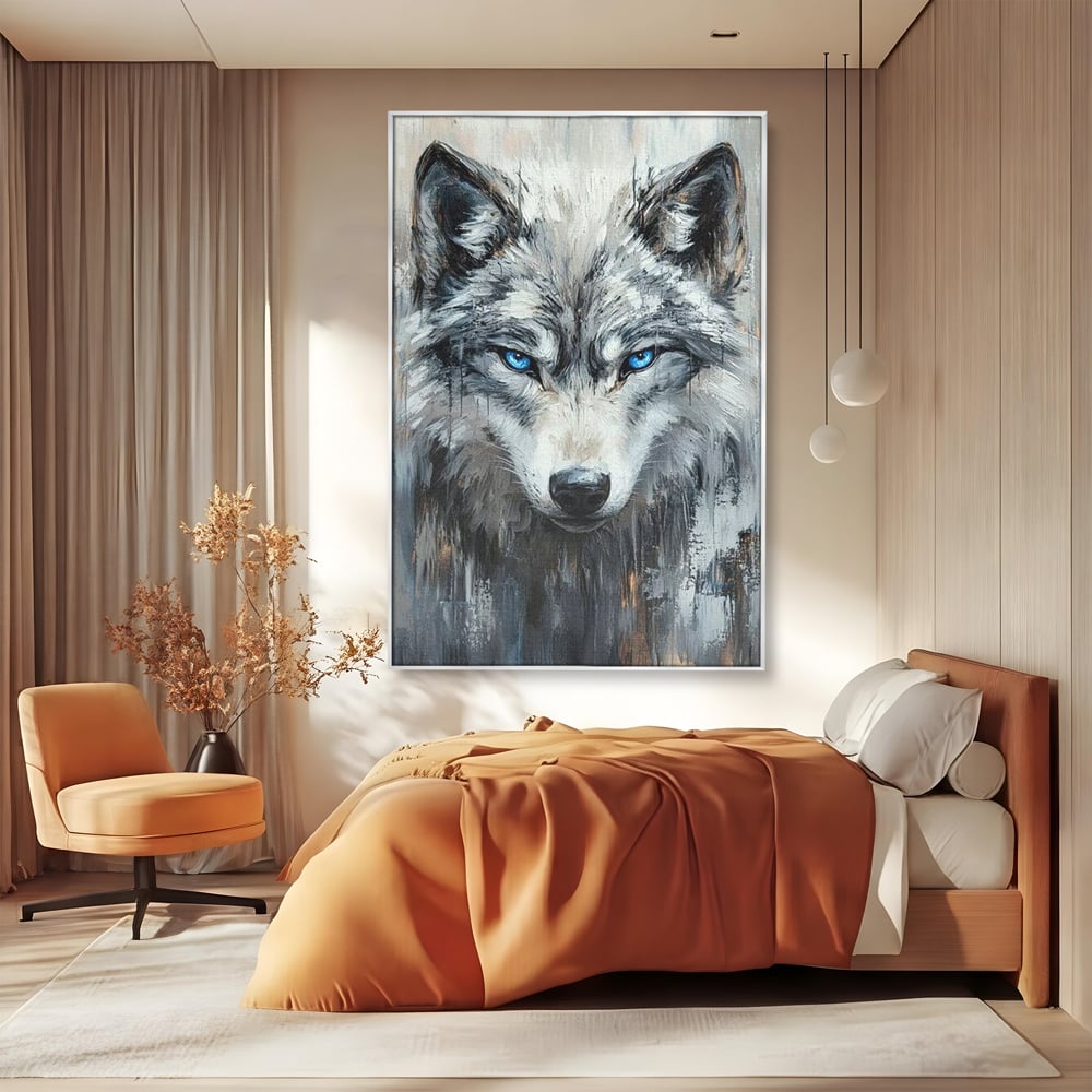 Leinwand Premium Canvas Wandkunst, LuxCanva® M1463, Crystal Shade, Gemälde, Blick, Blick, Patron, Portrait, Wolf, Alpha, Augen, Eis, Nord, Stark, Büro, Wohnen, Kinderzimmer
