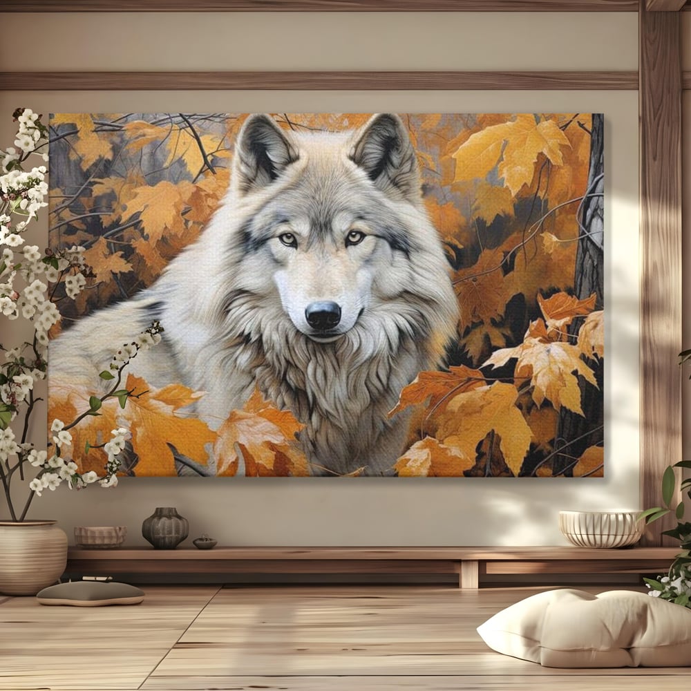 Leinwand Wandkunst Leinwand Wandkunst Premium, LuxCanva® M1464, Herz der Eiche, Herbst, Blätter, Herbst, Aramiu, Wald, Wolf, Arktis, Weiß, Weiß, Einsam, Trapper, Jäger, Büro, Wohnen, Kinderzimmer