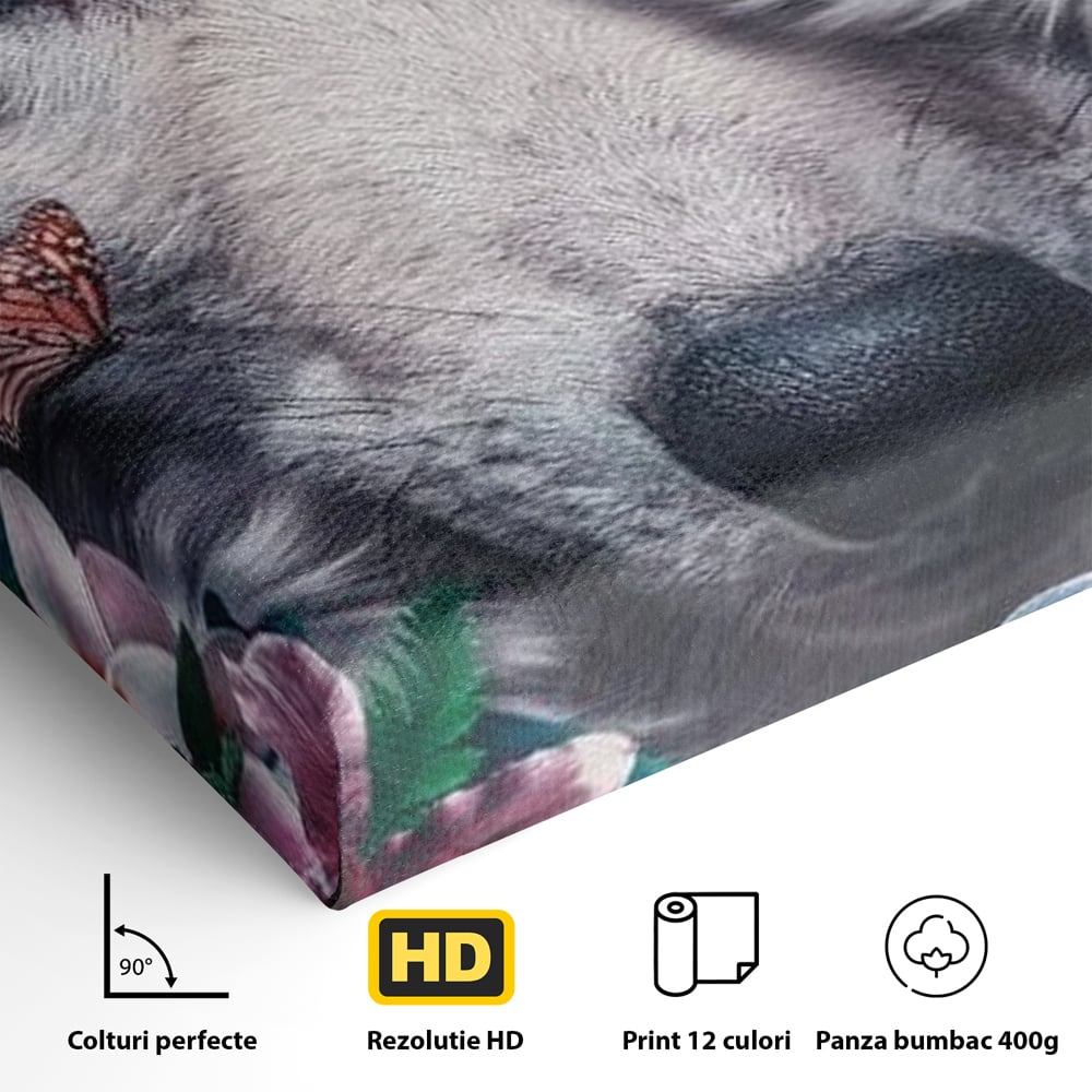 Tablou Canvas Premium, LuxCanva® M1465, Magia Padurii, Lup, Ochi, Privire, Fluturi, Pasari, Flori, Basm, Poveste, Arcada, Armonie, Emotie, Lumina, Birou, Living, Camera Copil