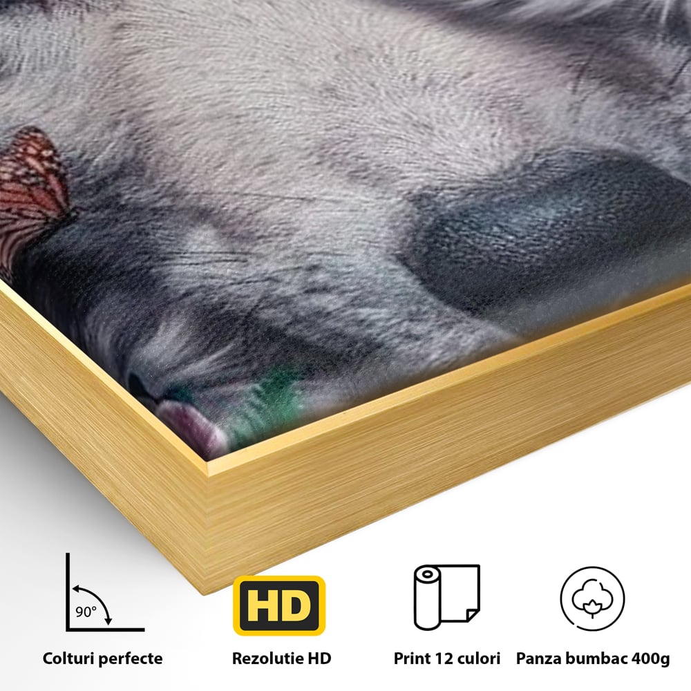 Tablou Canvas Premium, LuxCanva® M1465, Magia Padurii, Lup, Ochi, Privire, Fluturi, Pasari, Flori, Basm, Poveste, Arcada, Armonie, Emotie, Lumina, Birou, Living, Camera Copil
