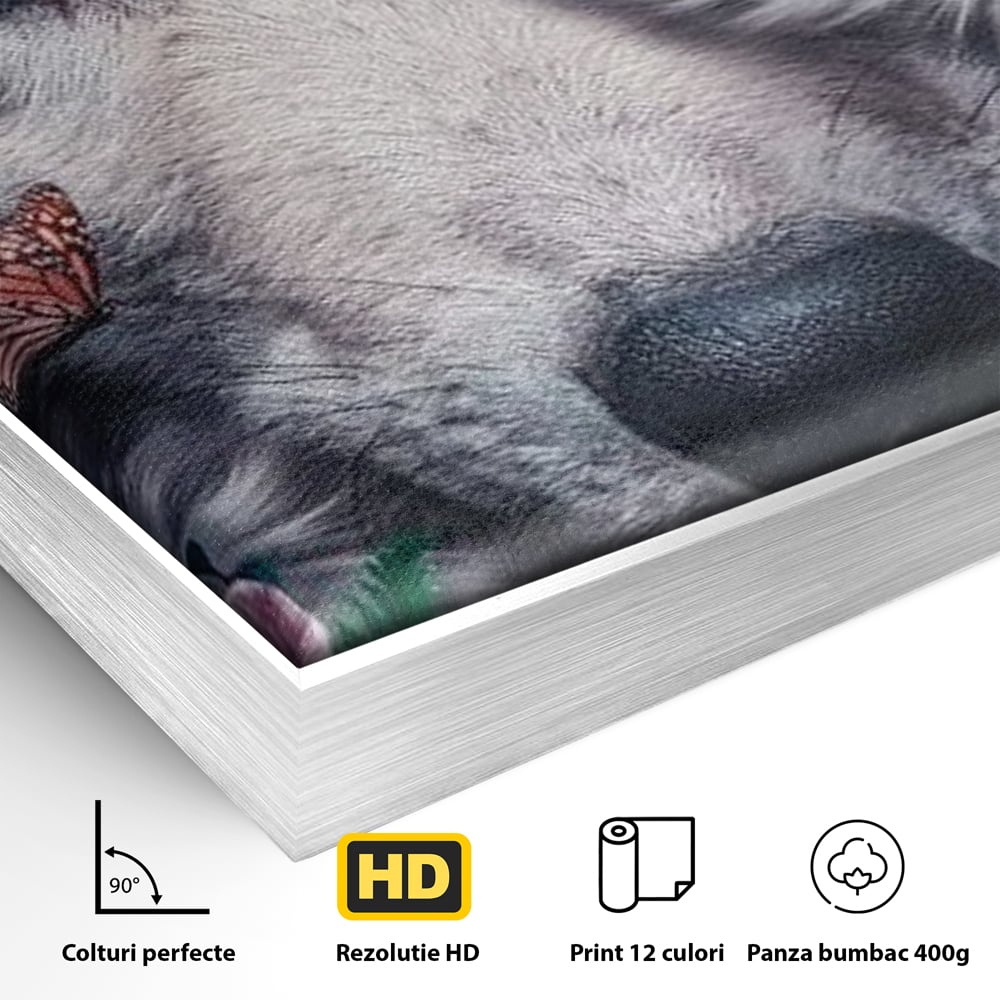 Tablou Canvas Premium, LuxCanva® M1465, Magia Padurii, Lup, Ochi, Privire, Fluturi, Pasari, Flori, Basm, Poveste, Arcada, Armonie, Emotie, Lumina, Birou, Living, Camera Copil
