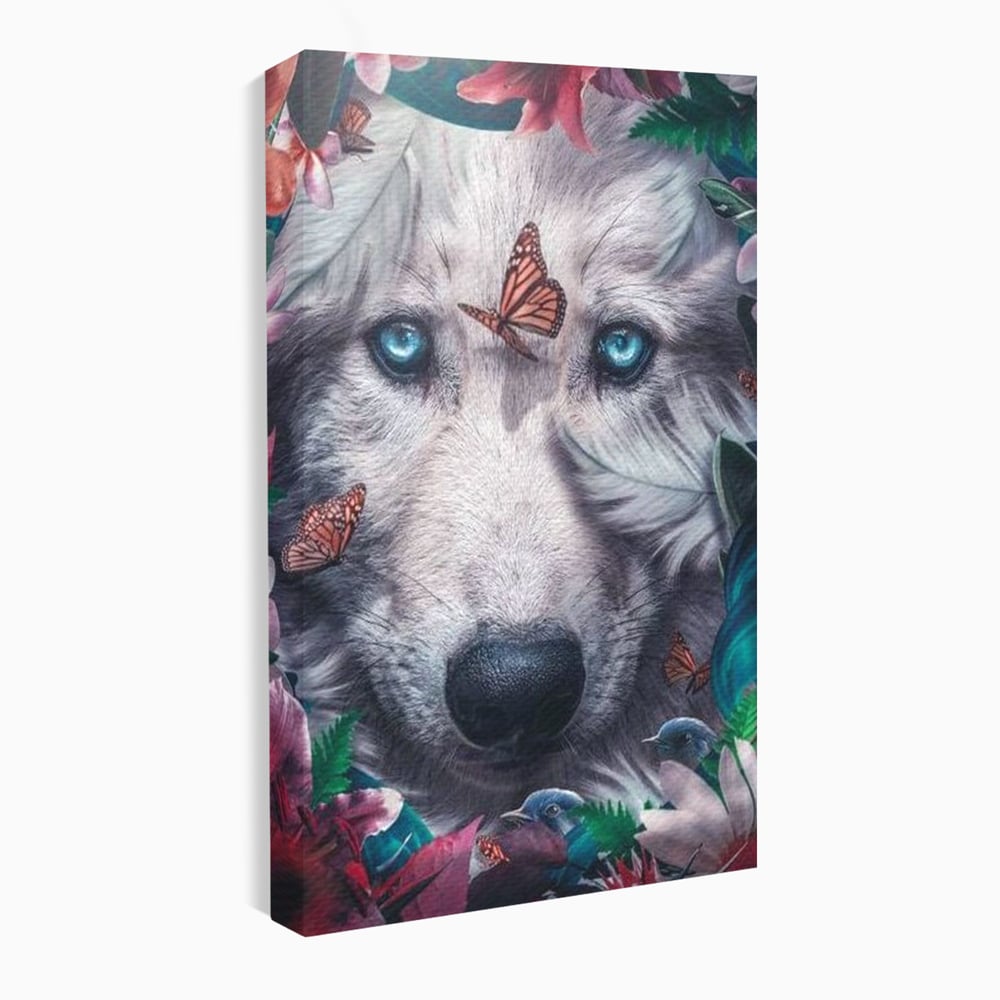 Tablou Canvas Premium, LuxCanva® M1465, Magia Padurii, Lup, Ochi, Privire, Fluturi, Pasari, Flori, Basm, Poveste, Arcada, Armonie, Emotie, Lumina, Birou, Living, Camera Copil