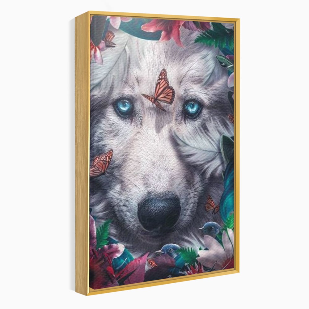 Tablou Canvas Premium, LuxCanva® M1465, Magia Padurii, Lup, Ochi, Privire, Fluturi, Pasari, Flori, Basm, Poveste, Arcada, Armonie, Emotie, Lumina, Birou, Living, Camera Copil