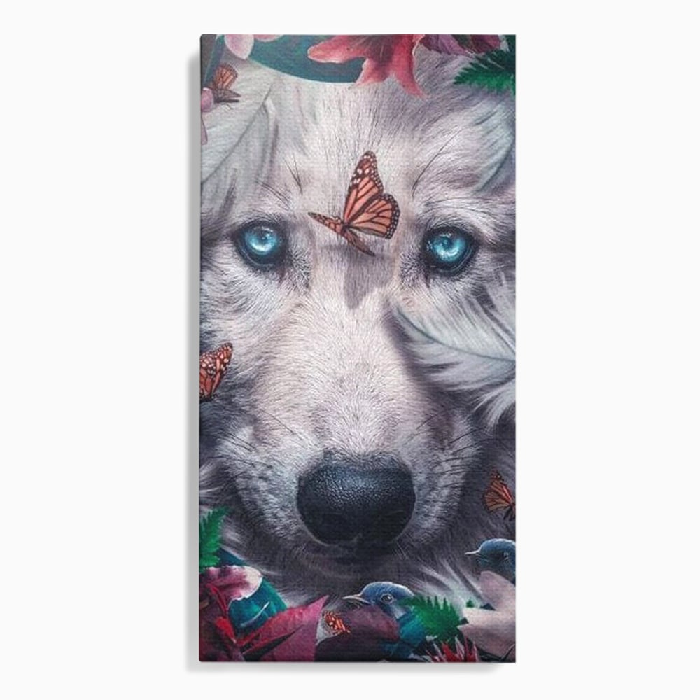 Tablou Canvas Premium, LuxCanva® M1465, Magia Padurii, Lup, Ochi, Privire, Fluturi, Pasari, Flori, Basm, Poveste, Arcada, Armonie, Emotie, Lumina, Birou, Living, Camera Copil