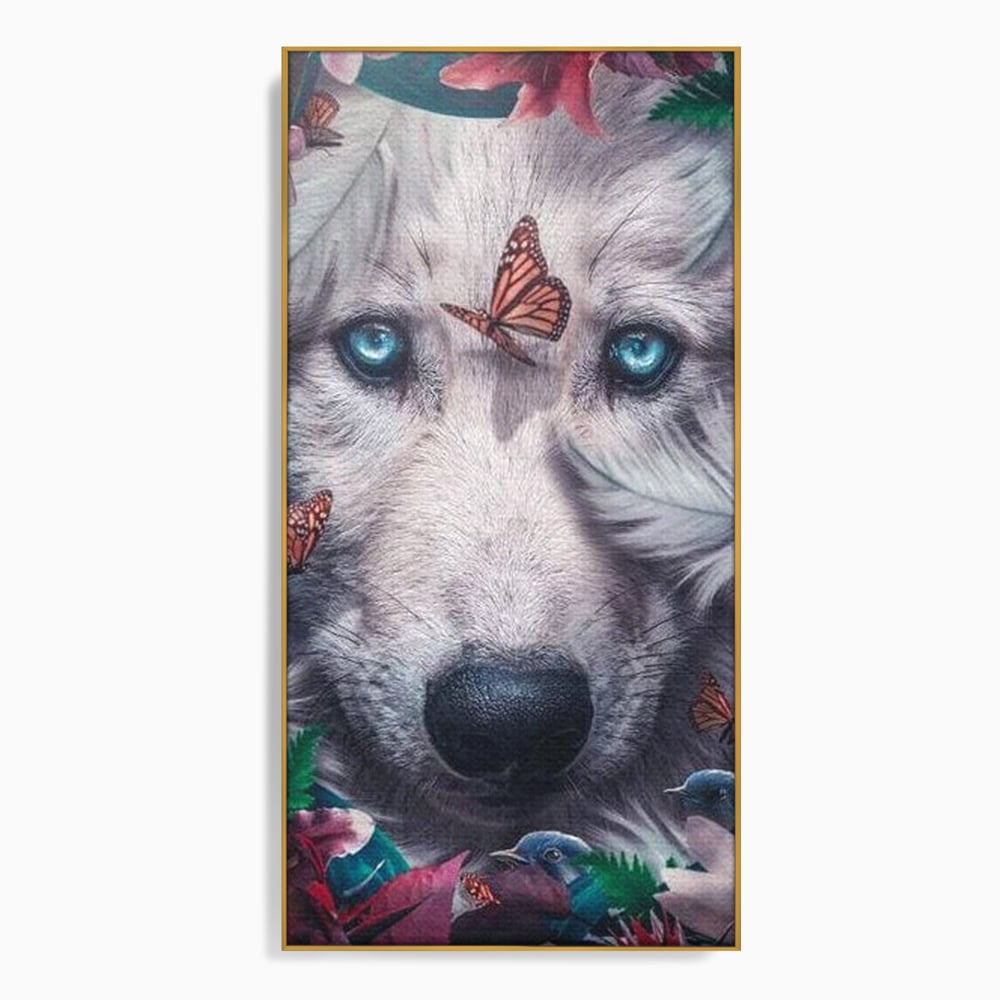 Tablou Canvas Premium, LuxCanva® M1465, Magia Padurii, Lup, Ochi, Privire, Fluturi, Pasari, Flori, Basm, Poveste, Arcada, Armonie, Emotie, Lumina, Birou, Living, Camera Copil