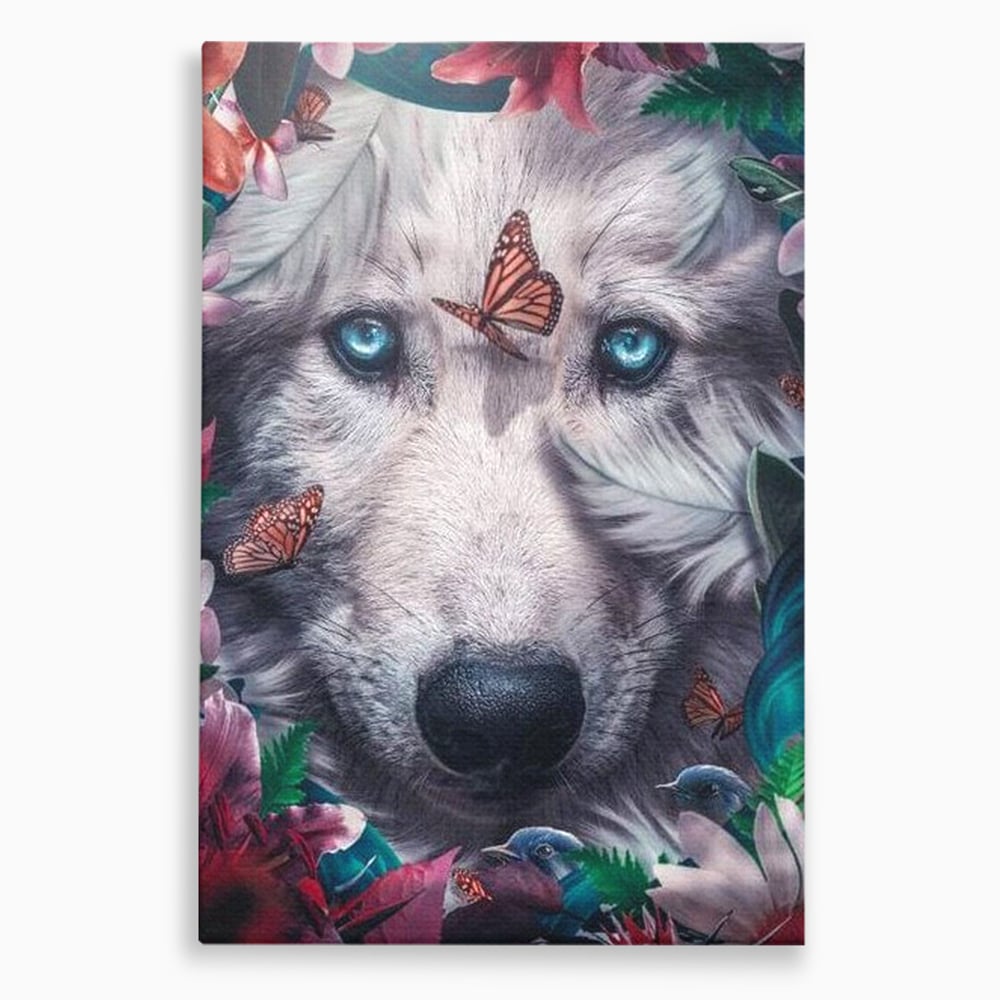 Tablou Canvas Premium, LuxCanva® M1465, Magia Padurii, Lup, Ochi, Privire, Fluturi, Pasari, Flori, Basm, Poveste, Arcada, Armonie, Emotie, Lumina, Birou, Living, Camera Copil