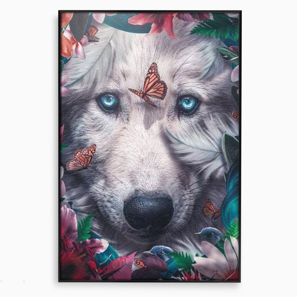 Tablou Canvas Premium, LuxCanva® M1465, Magia Padurii, Lup, Ochi, Privire, Fluturi, Pasari, Flori, Basm, Poveste, Arcada, Armonie, Emotie, Lumina, Birou, Living, Camera Copil