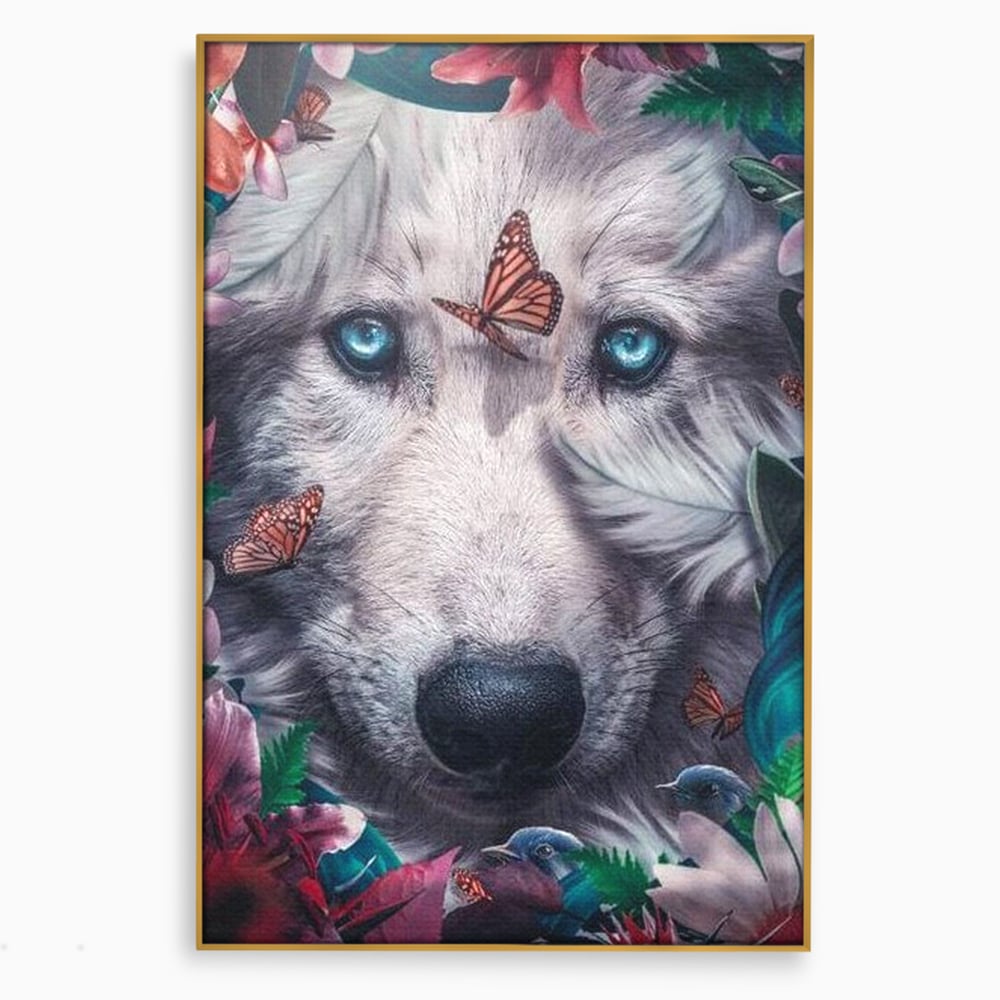 Tablou Canvas Premium, LuxCanva® M1465, Magia Padurii, Lup, Ochi, Privire, Fluturi, Pasari, Flori, Basm, Poveste, Arcada, Armonie, Emotie, Lumina, Birou, Living, Camera Copil