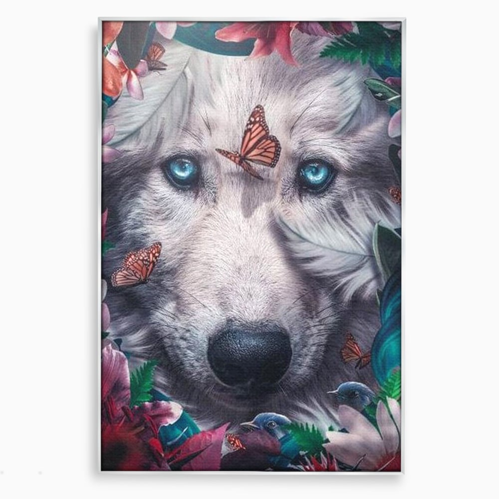 Tablou Canvas Premium, LuxCanva® M1465, Magia Padurii, Lup, Ochi, Privire, Fluturi, Pasari, Flori, Basm, Poveste, Arcada, Armonie, Emotie, Lumina, Birou, Living, Camera Copil