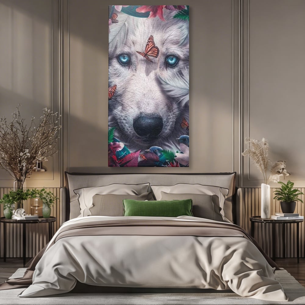 Tablou Canvas Premium, LuxCanva® M1465, Magia Padurii, Lup, Ochi, Privire, Fluturi, Pasari, Flori, Basm, Poveste, Arcada, Armonie, Emotie, Lumina, Birou, Living, Camera Copil
