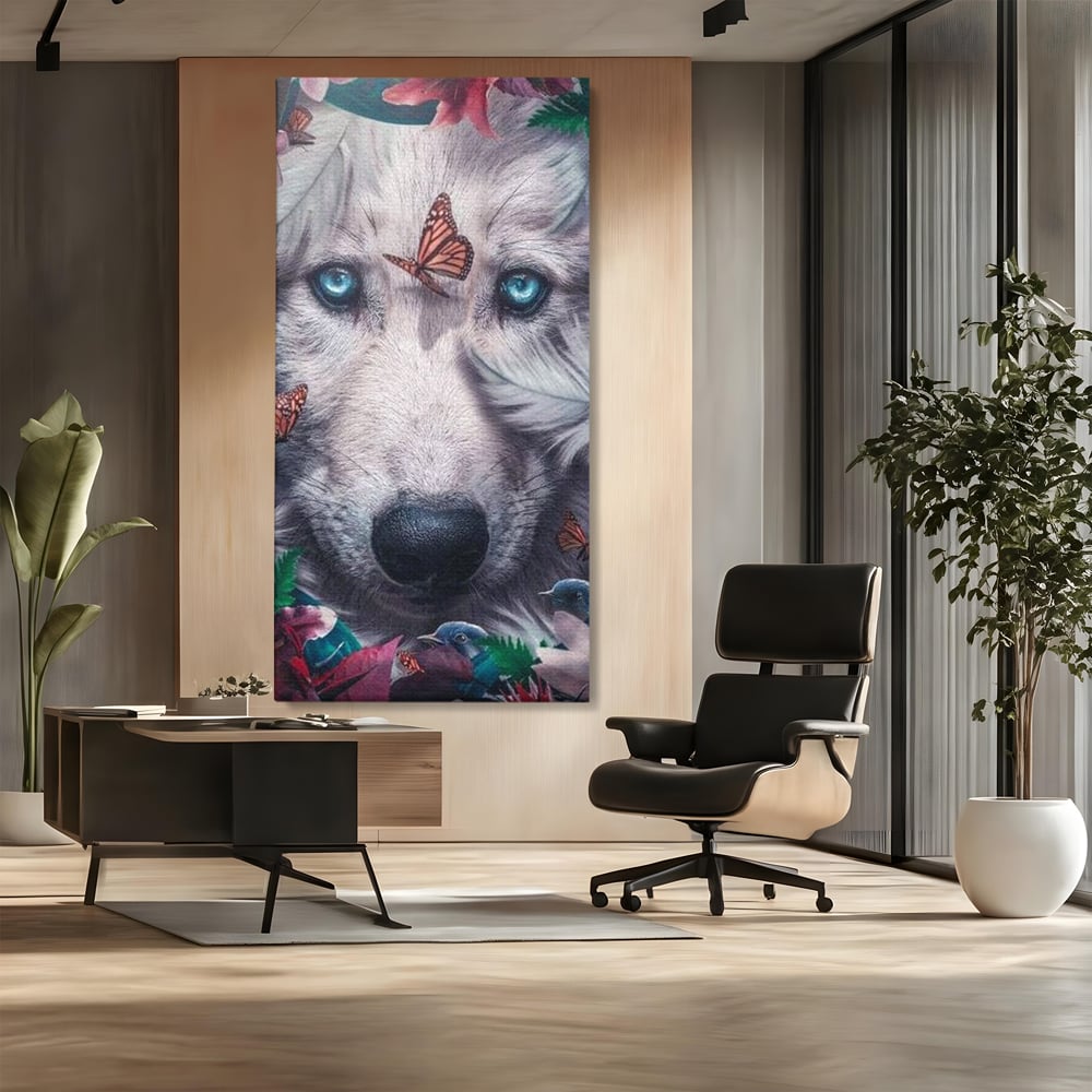 Tablou Canvas Premium, LuxCanva® M1465, Magia Padurii, Lup, Ochi, Privire, Fluturi, Pasari, Flori, Basm, Poveste, Arcada, Armonie, Emotie, Lumina, Birou, Living, Camera Copil