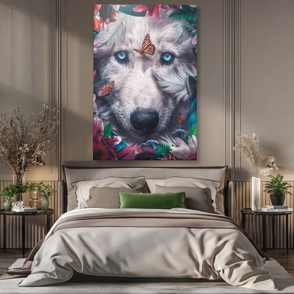 Tablou Canvas Premium, LuxCanva® M1465, Magia Padurii, Lup, Ochi, Privire, Fluturi, Pasari, Flori, Basm, Poveste, Arcada, Armonie, Emotie, Lumina, Birou, Living, Camera Copil