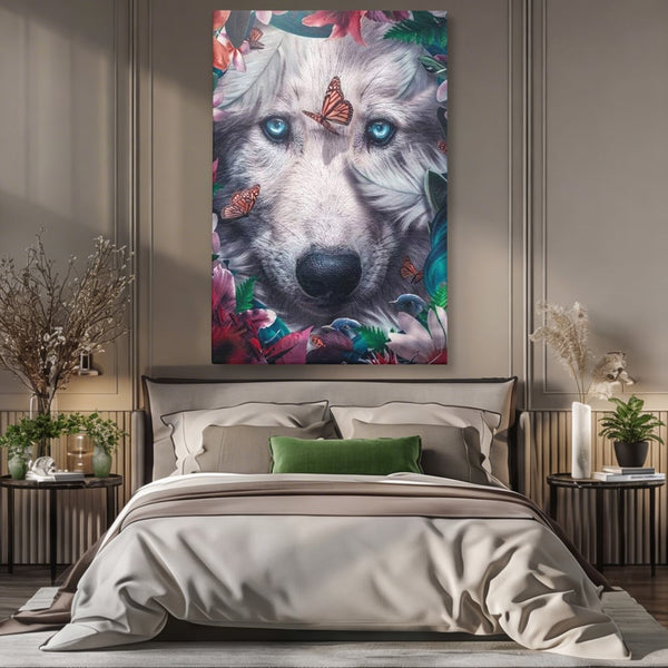 Tablou Canvas Premium, LuxCanva® M1465, Magia Padurii, Lup, Ochi, Privire, Fluturi, Pasari, Flori, Basm, Poveste, Arcada, Armonie, Emotie, Lumina, Birou, Living, Camera Copil