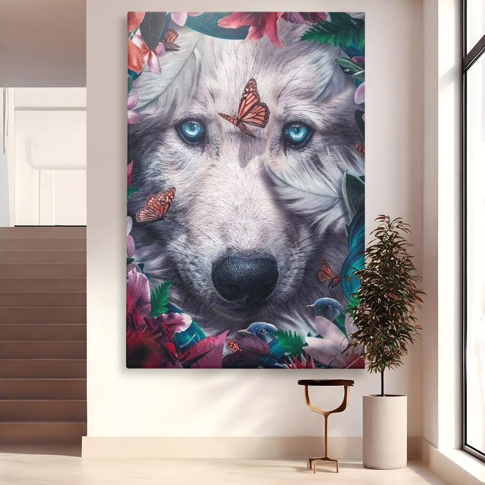 Tablou Canvas Premium, LuxCanva® M1465, Magia Padurii, Lup, Ochi, Privire, Fluturi, Pasari, Flori, Basm, Poveste, Arcada, Armonie, Emotie, Lumina, Birou, Living, Camera Copil