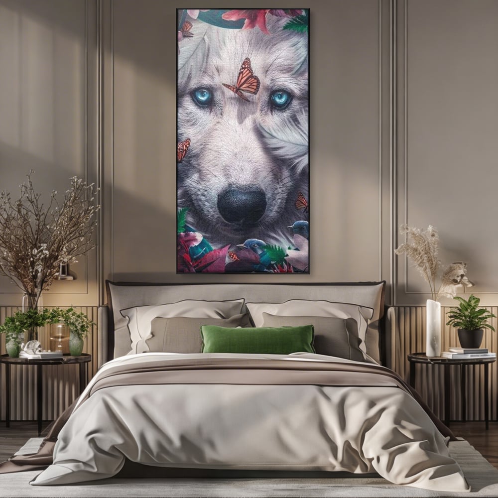 Tablou Canvas Premium, LuxCanva® M1465, Magia Padurii, Lup, Ochi, Privire, Fluturi, Pasari, Flori, Basm, Poveste, Arcada, Armonie, Emotie, Lumina, Birou, Living, Camera Copil
