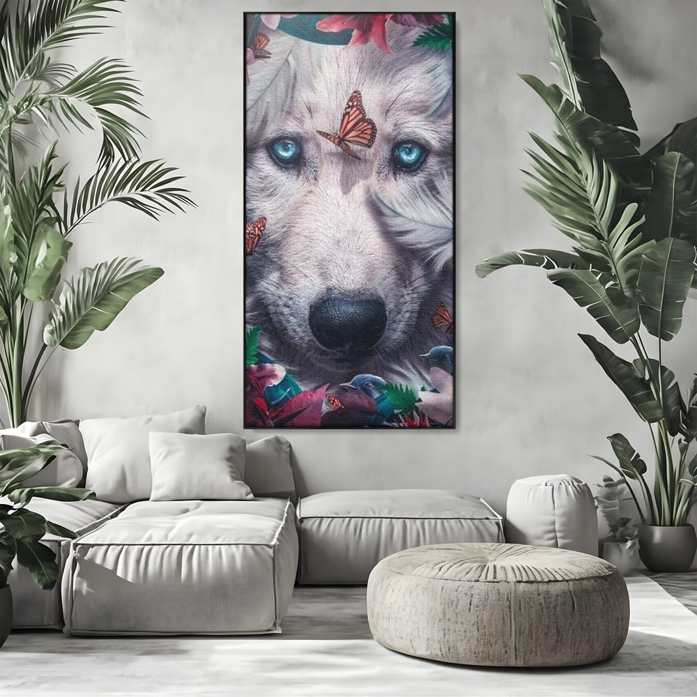 Tablou Canvas Premium, LuxCanva® M1465, Magia Padurii, Lup, Ochi, Privire, Fluturi, Pasari, Flori, Basm, Poveste, Arcada, Armonie, Emotie, Lumina, Birou, Living, Camera Copil