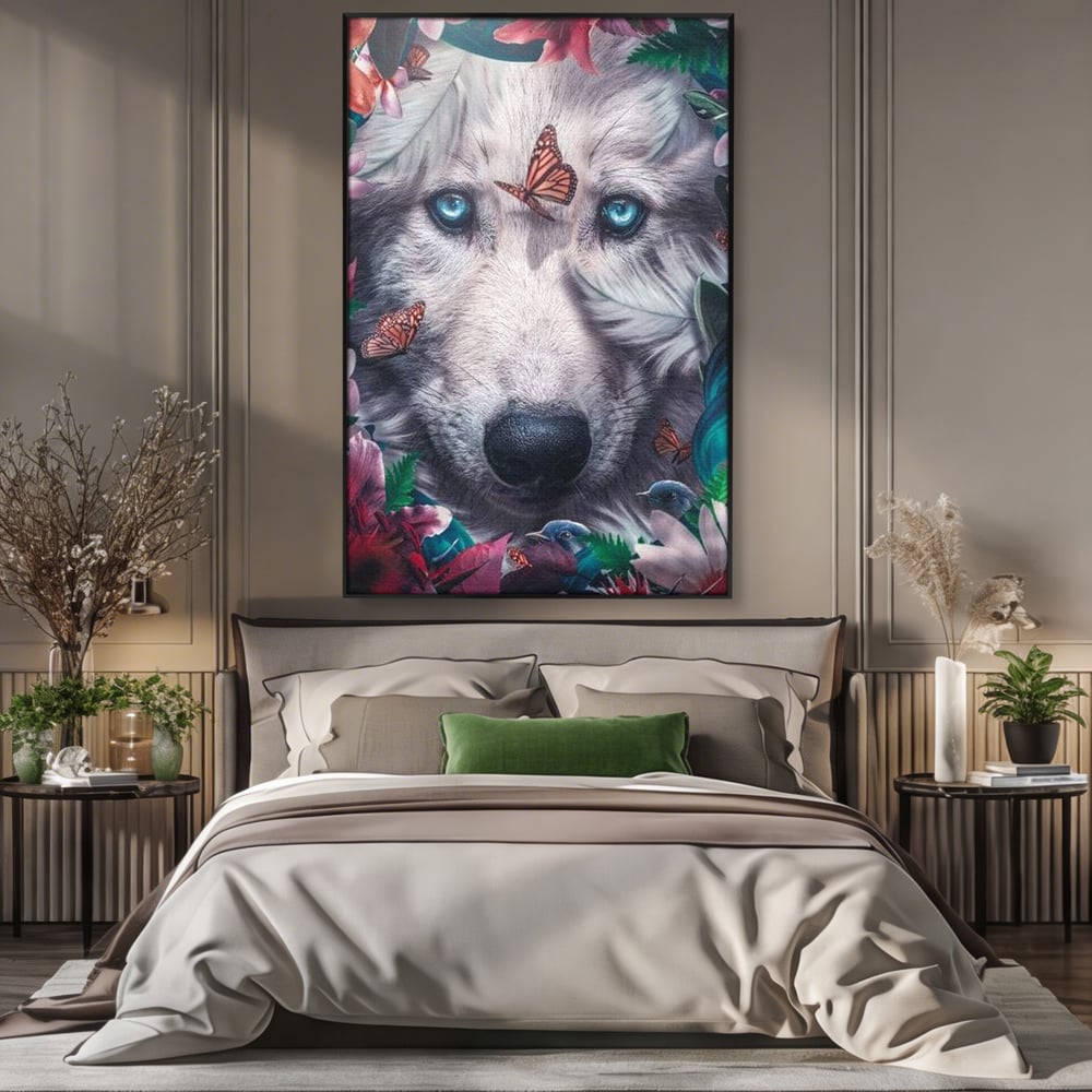 Tablou Canvas Premium, LuxCanva® M1465, Magia Padurii, Lup, Ochi, Privire, Fluturi, Pasari, Flori, Basm, Poveste, Arcada, Armonie, Emotie, Lumina, Birou, Living, Camera Copil