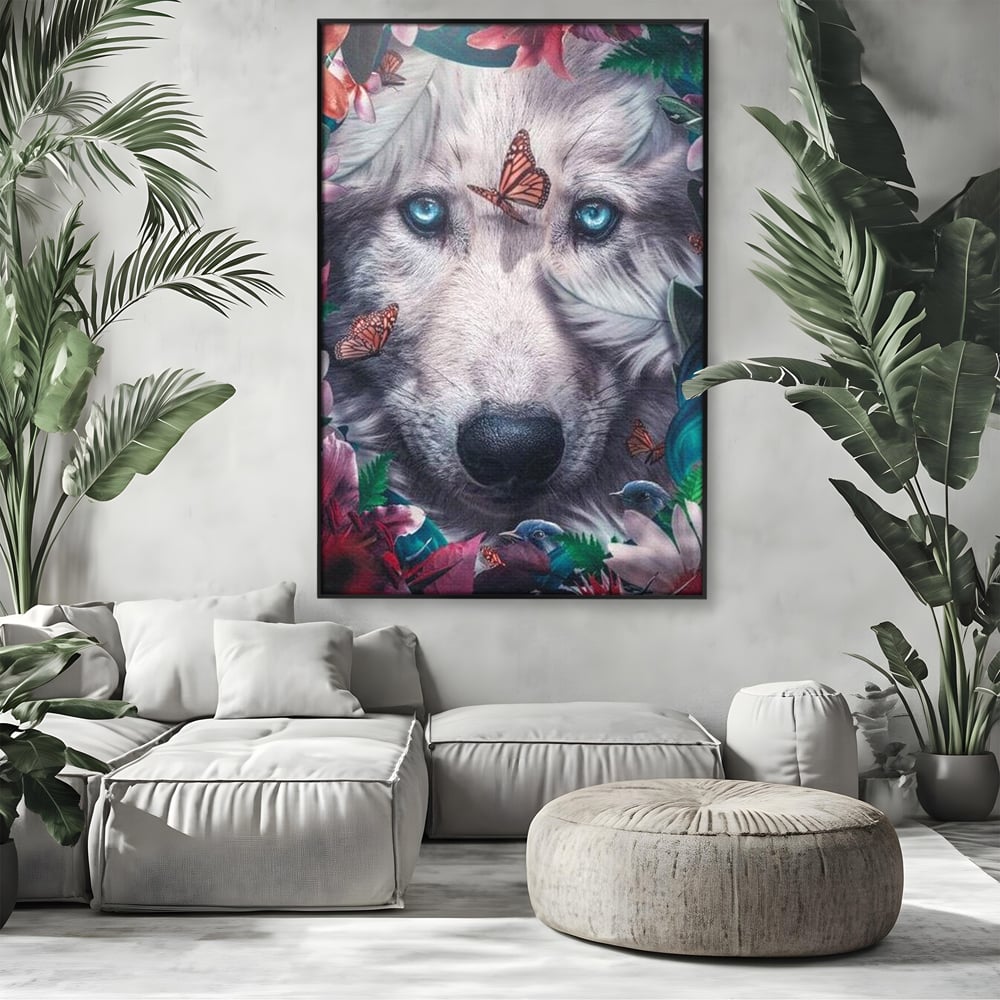 Tablou Canvas Premium, LuxCanva® M1465, Magia Padurii, Lup, Ochi, Privire, Fluturi, Pasari, Flori, Basm, Poveste, Arcada, Armonie, Emotie, Lumina, Birou, Living, Camera Copil